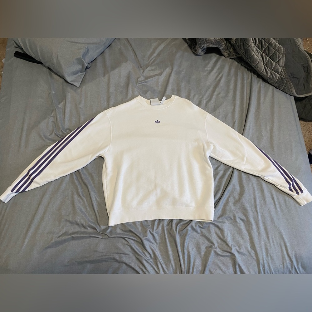 Adidas White Sweater with Purple Stripes